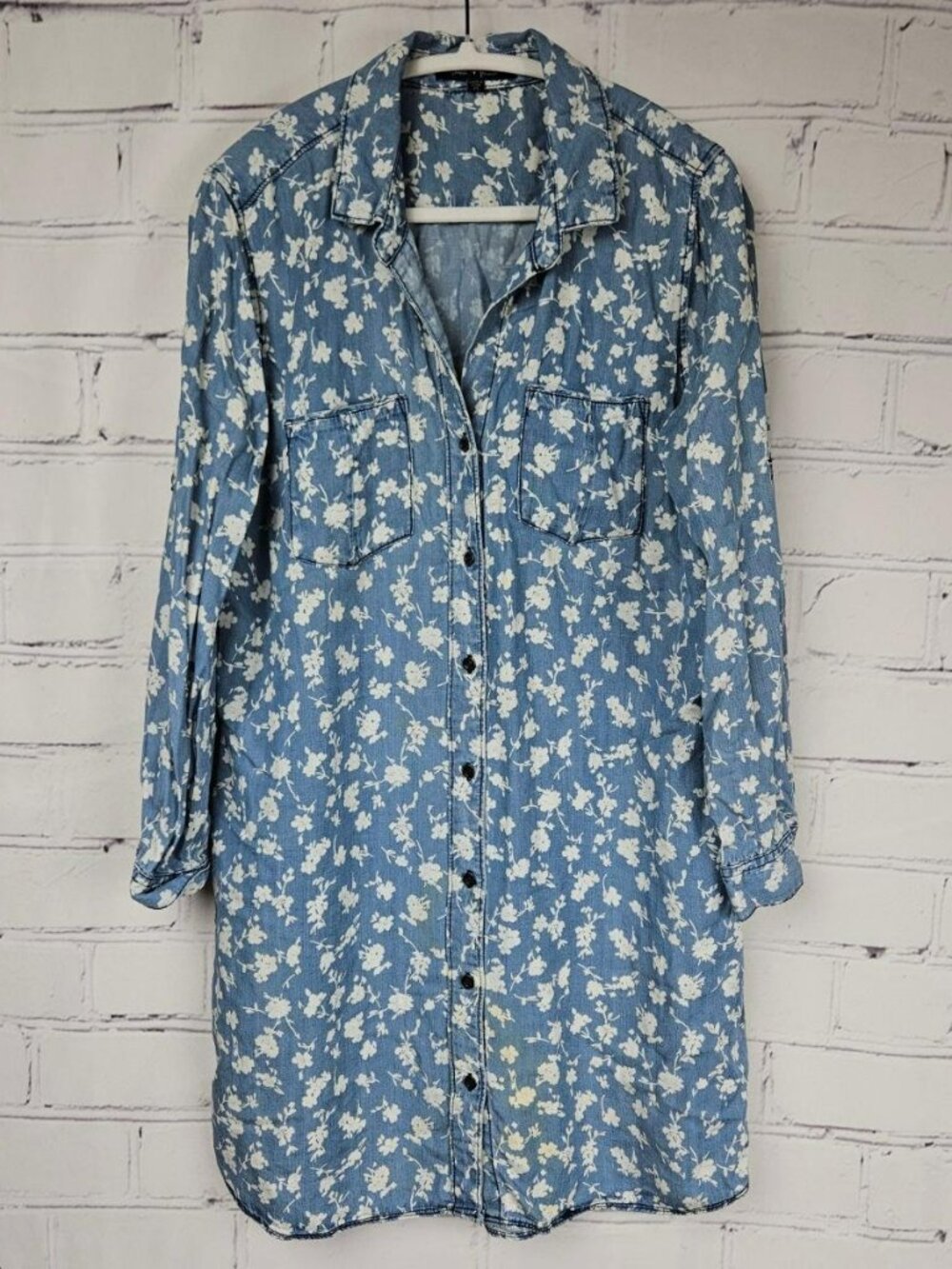 Chambray Blue Denim Floral Tencel Shirt Dress Womens M Knee Buttons Casual
